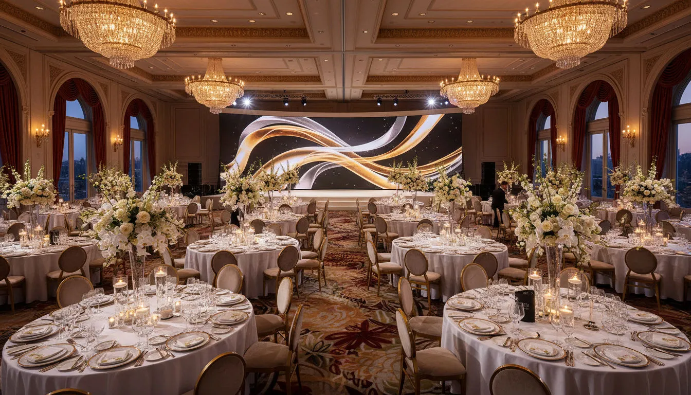 Banqueting tables laid with glassware and floral centrepieces