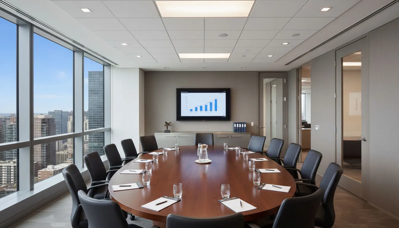 Senior team reviewing performance in a hotel meeting room