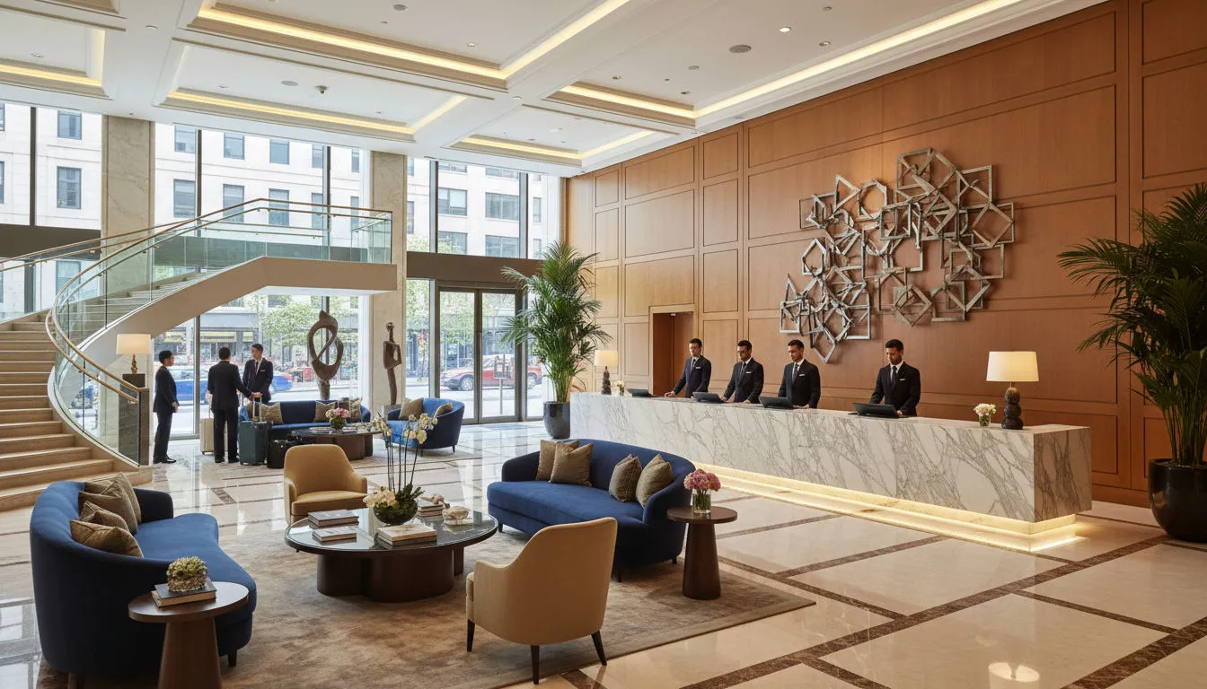 Guests being welcomed at a hotel reception desk
