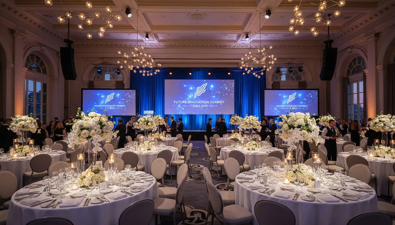 Ballroom laid for a gala dinner ahead of a conference