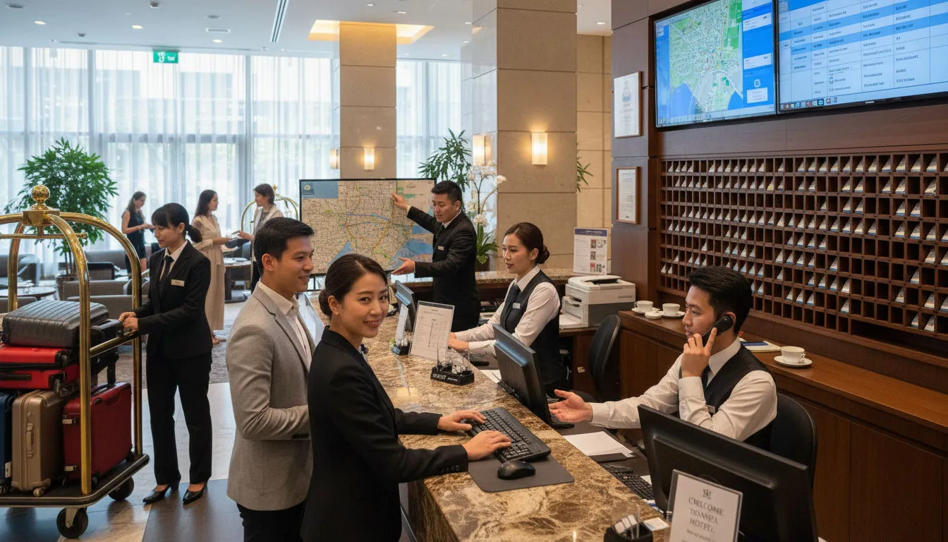 Hotel front office team checking guests in at reception